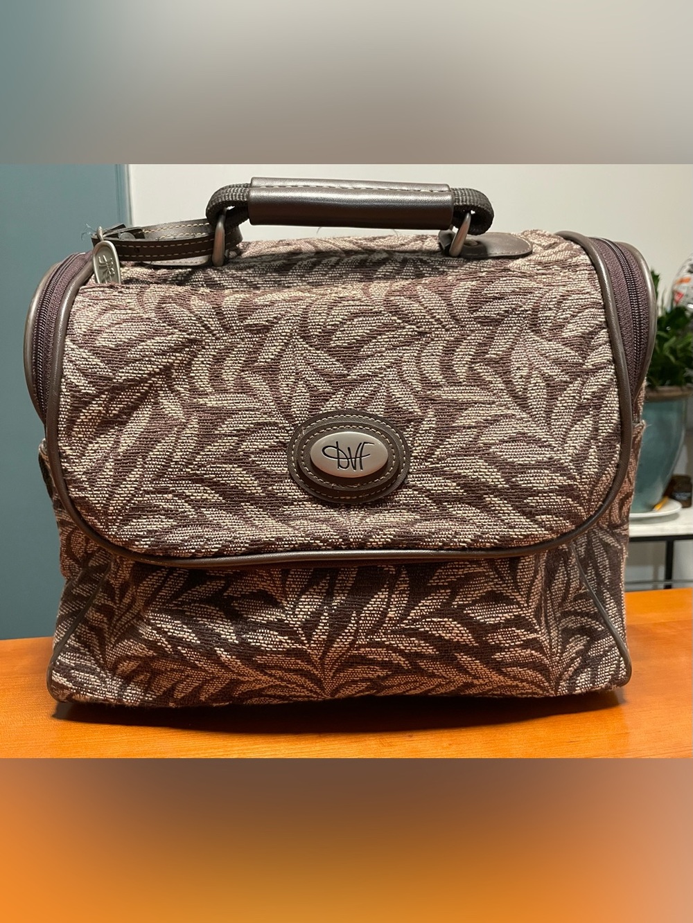 Diane Von Furstenberg Brown and Cream Leaf Jacquard Satchel